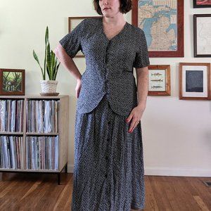 Early 90s vintage black and white geometric print skirt set